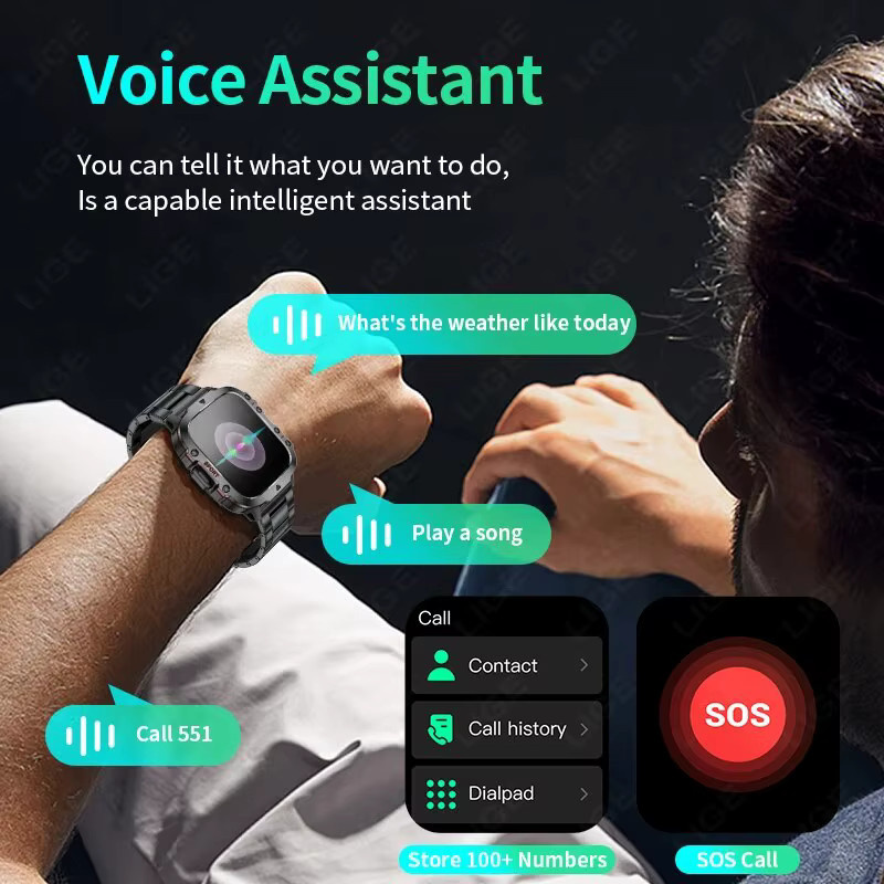 LIGE Smartwatch für Herren mit 1,96 Zoll Display, Bluetooth Anruf und Sprachassistent, Wasserdicht, Schwarz - Bild 3