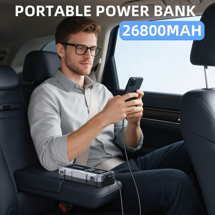 BSMOOM 2-in-1 Auto-Notfall-Starthilfe mit 26800mAh Powerbank, 1500A Spitzenstrom und digitalem 150PSI Reifenfüller inklusive LED-Taschenlampe und LCD-Reifendruckmonitor - Bild 5