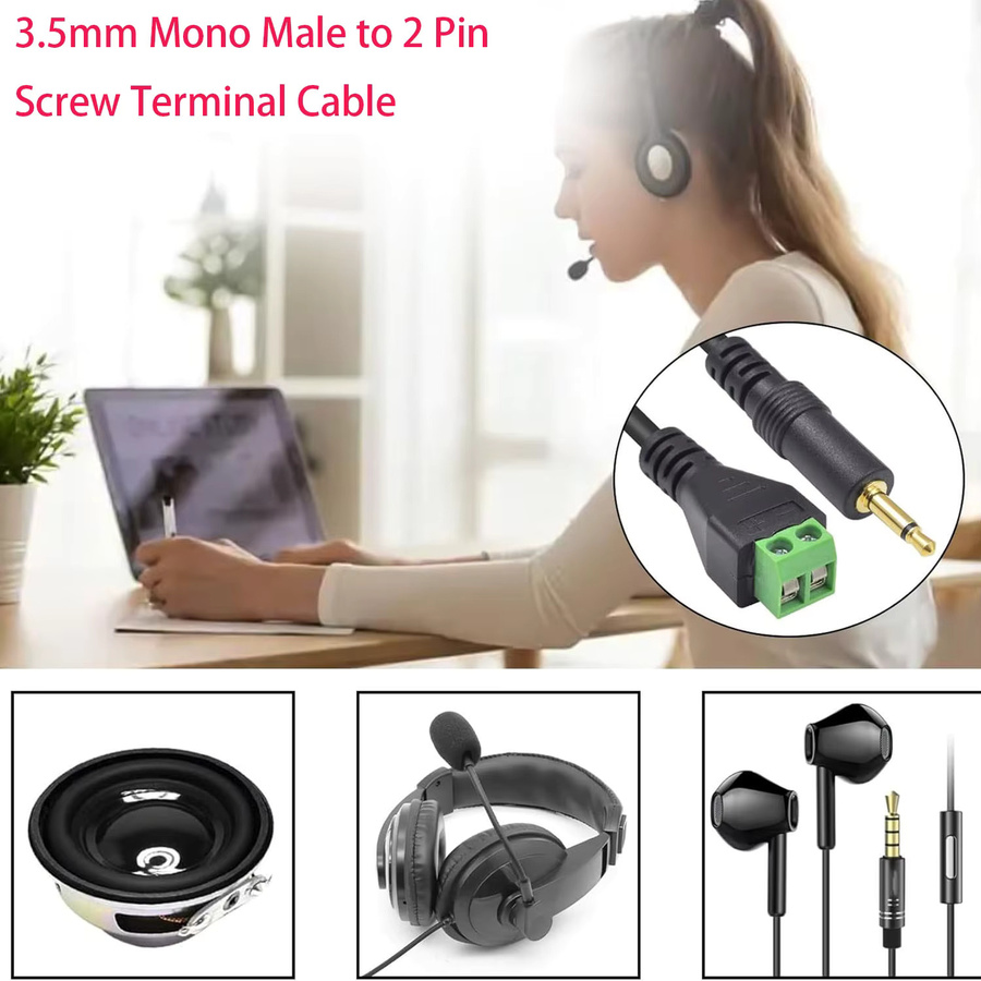 UpperFu Mono TS Stecker auf AV-Schraubterminal Adapterkabel, 3,5 mm Klinke auf Video Balun, vergoldet, Schwarz/Gold, Länge: 30,48 cm - Bild 3