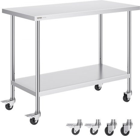 VEVOR Edelstahl Arbeitstisch mit Rollen und höhenverstellbaren Ebenen, Silber, B/T/H: 121,9 x 61,0 x 96,5 cm - Bild 1