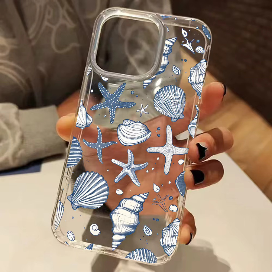 Transparente Silikonhülle mit blauem Seestern-Muschelmuster für Apple iPhone 17 16 15 14 13 12 11 Pro Max Air Plus XS X XR - Bild 2
