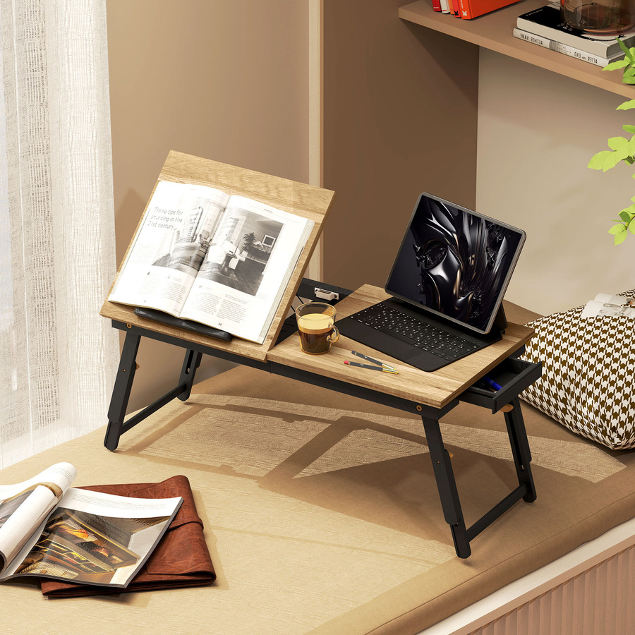 HOMCOM Betttisch Eiche, Höhenverstellbarer Laptoptisch mit Schublade und klappbarer Platte, Klappbarer Laptopständer für Sofa und Bett, B: 83,5 cm, T: 33 cm, H: 23,5-34 cm - Bild 2