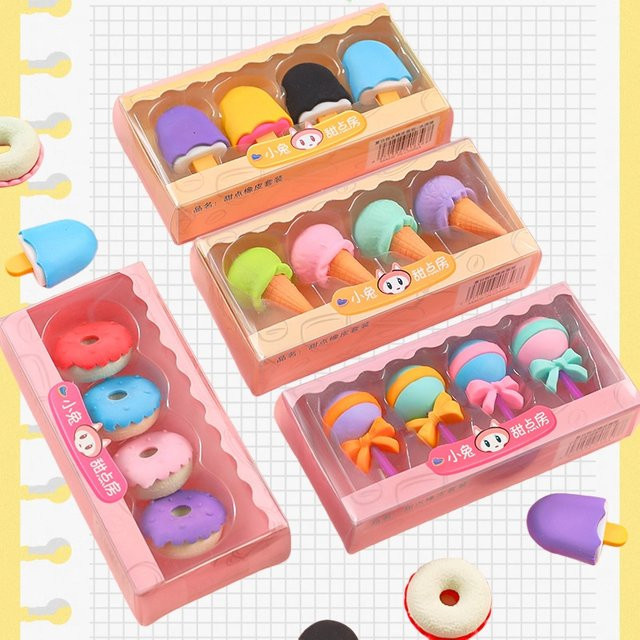 TWBEB 4er Set Donut-Lutscher-Radiergummis in Multicolour als 3D-Dessert-Briefpapier für Kinder und Studenten - Bild 1
