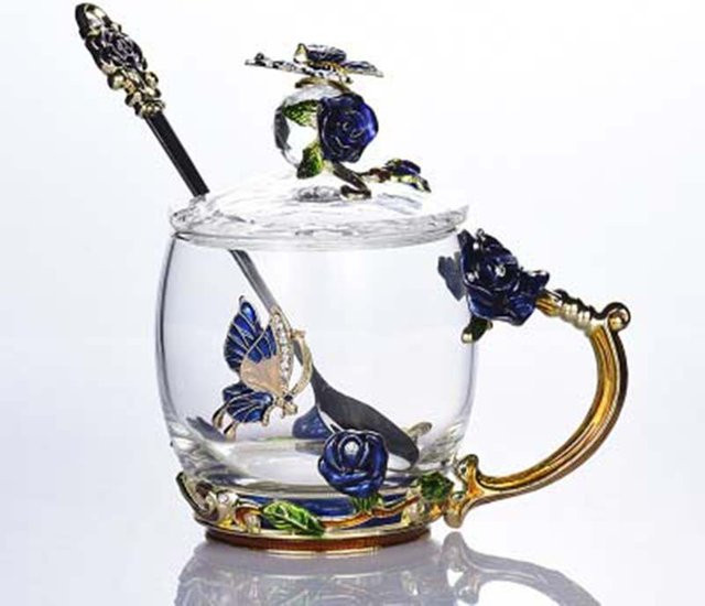 DingDong Hitzebeständige Glastasse mit floralem Design in Blau, 320 ml - Bild 1