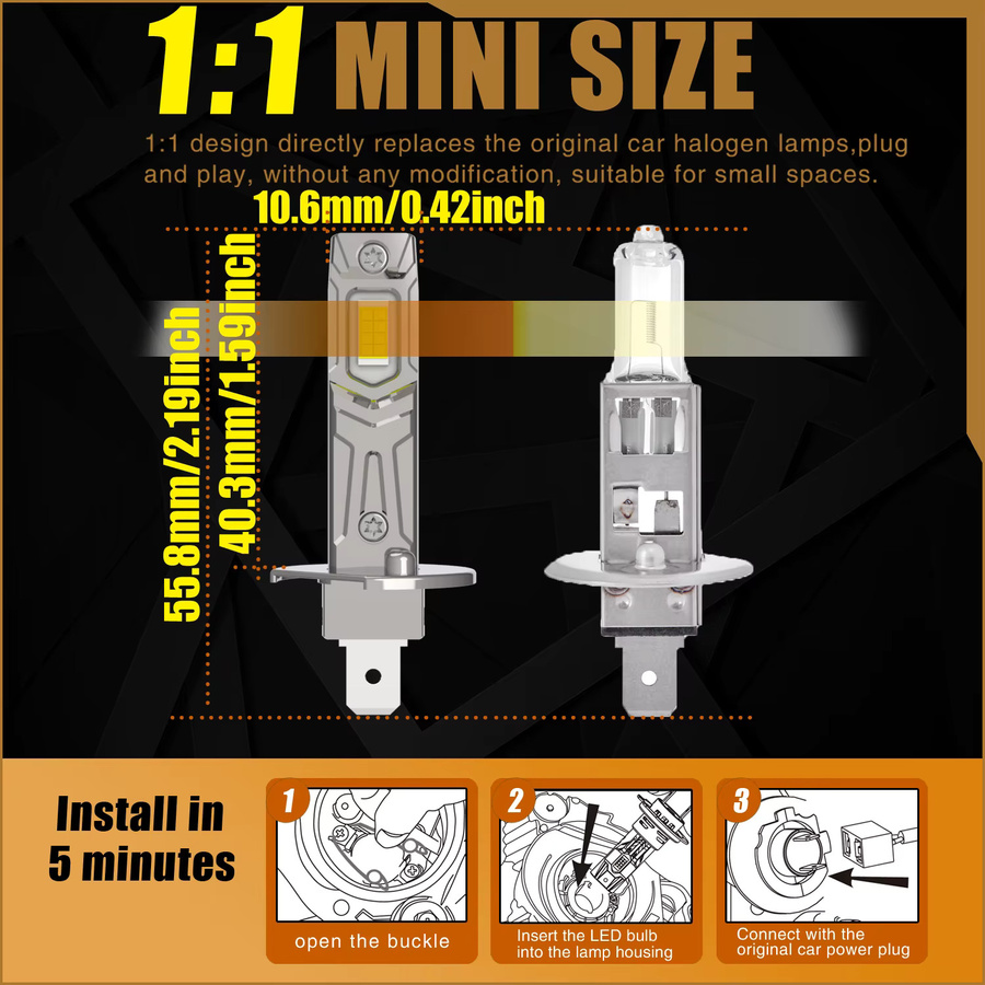 Neallor H1 P14,5s LED Canbus Scheinwerfer Set für Fahrzeuge in Weiß und Silber, Leistungsstarke Turbo Diode Fernlicht und Nebellampen für Auto und Motorrad, 12V - Bild 2