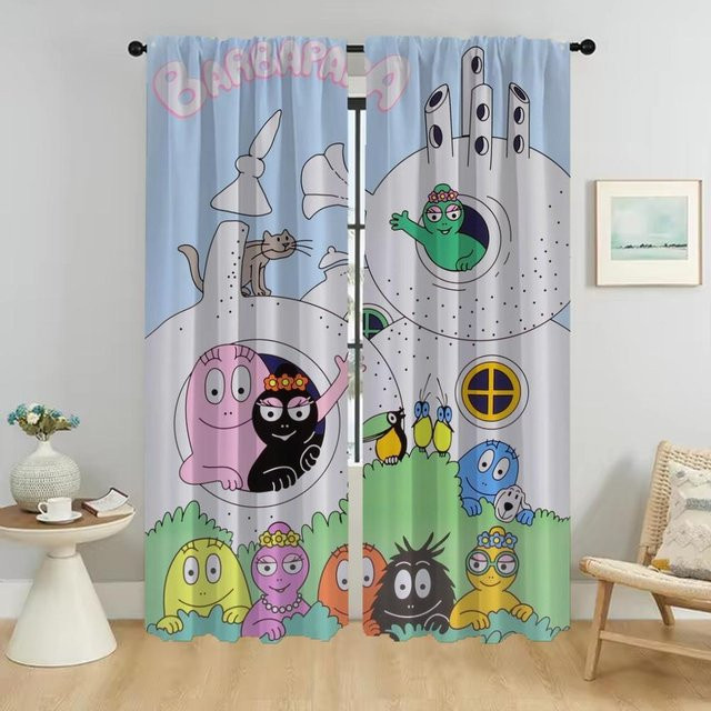 Barbapapas Tüll-Vorhänge für Wohnzimmer und Schlafzimmer, 2er-Set, Blau, Breite: 50 cm, Höhe: 70 cm - Bild 1