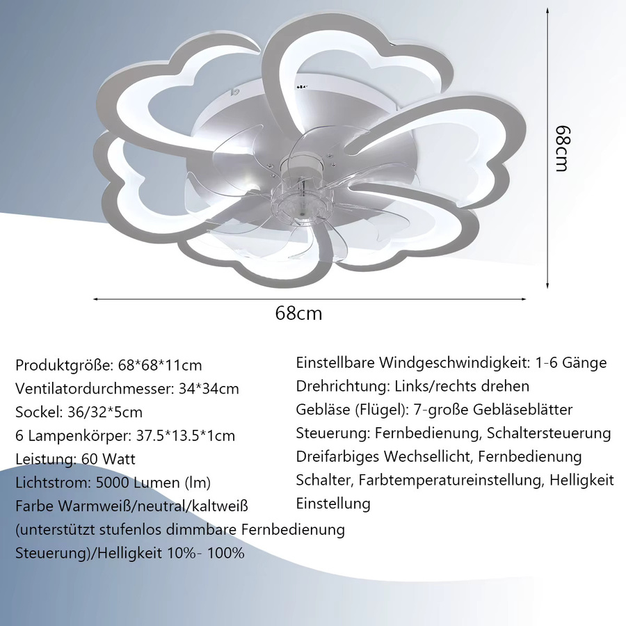 Oyajia Deckenventilator mit Beleuchtung in Blumenform, Weiß, 60W, mit Fernbedienung und leiser Funktion für das Wohnzimmer - Bild 6