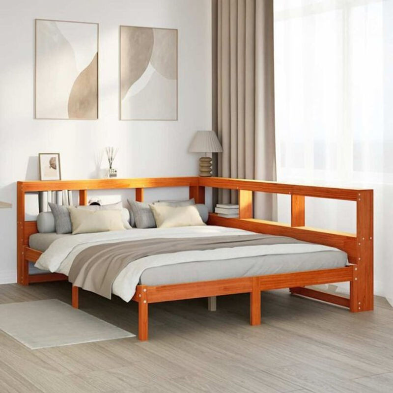 Massivholzbett aus Kiefer mit Regal von Vidaxl in Braun, B/T/H: 140 x 200 x 80 cm - Bild 1