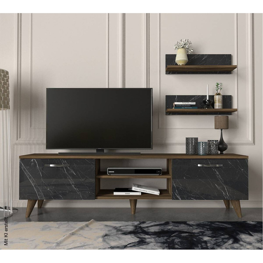 Wohnwand Ayden in Walnuss-Nachbildung mit dunkelgrauer Marmor-Optik, B/H/T: 150 x 40,6 x 30 cm - Bild 3