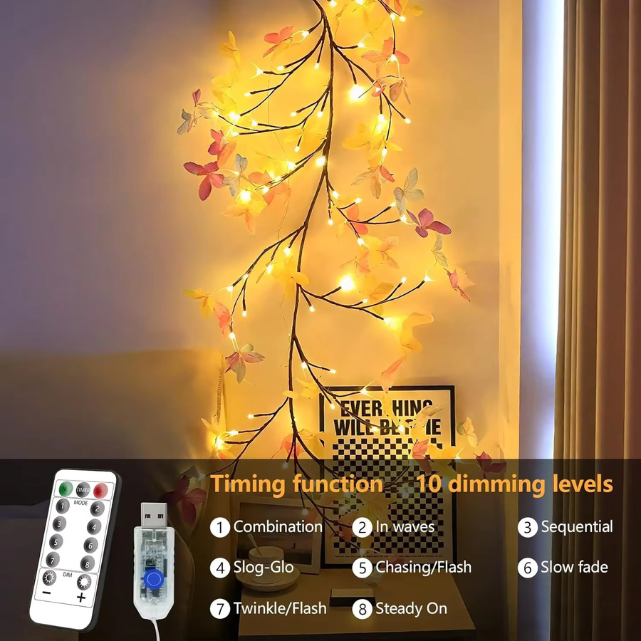 DUNDUN LED-Lichterkette mit Weidenreben und Schmetterlingen in Warmweiß und Multicolour, USB-Betrieb mit Fernbedienung und 8 Modi zur Schlafzimmerdekoration - Bild 1