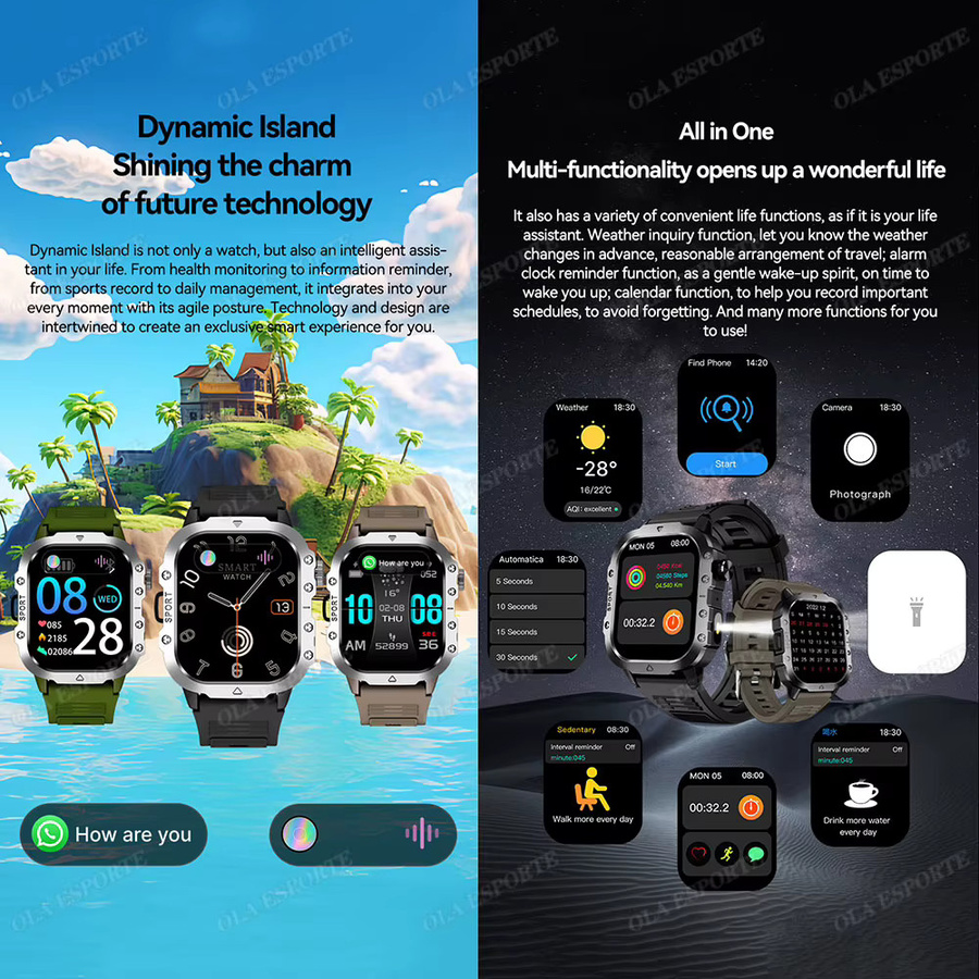 Ola Esporte Outdoor-Sport-Smartwatch mit 2,01 Zoll HD-Bildschirm, Bluetooth-Telefonie und LED-Taschenlampe in Braun - Bild 4