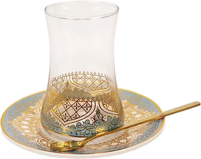 Exotisches Teeglas-Set aus Glas in Blau-Gold mit Untertassen und Löffeln - Bild 1