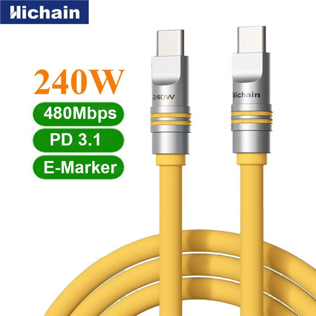 Hichain USB C zu Typ C Schnellladekabel 240W aus flüssigem Silikon für iPhone, Samsung und Huawei Tablets in Orange und Gelb - Bild 1