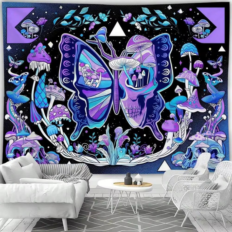 VIKAMA Psychedelischer Wandteppich mit Schmetterling, Totenkopf und Neon-Pilzen in Multicolour, Wandbehang für Schlafzimmer und Gaming-Raum, B/H: 60 x 40 cm - Bild 4