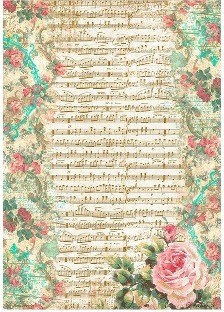Stamperia Motiv-Strohseide Precious - Rose and Music in Multicolor, A4 - Bild 1