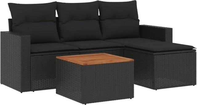 vidaXL 5-tlg Garten-Sofagarnitur mit Kissen aus Poly-Rattan und Akazienholz in Schwarz - Bild 1