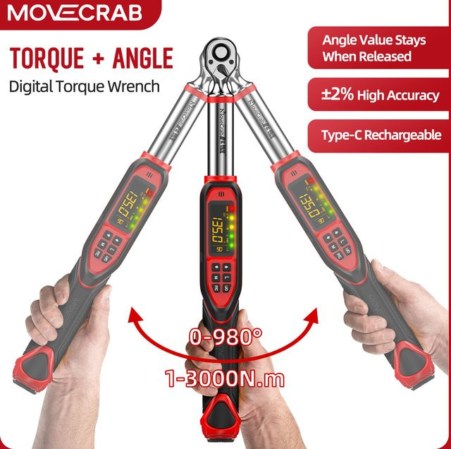 MoveCrab Digitaler Winkel-Drehmomentschlüssel 3/8 Zoll mit 1–3000 N·m Messbereich, ±2% Genauigkeit, Winkelspeicher und USB-C Wiederaufladung - Bild 1