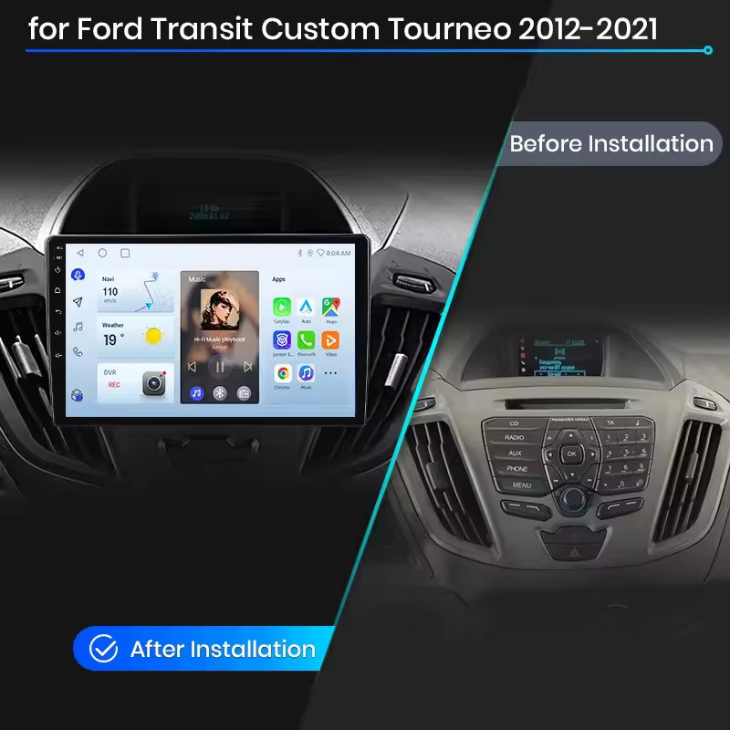 Junsun Wireless CarPlay und Android Auto Radio mit 360 Kamera für Ford Transit Custom Tourneo 2013-2018, 9 Zoll 2DIN Autoradio in Schwarz mit GPS und Bluetooth - Bild 2