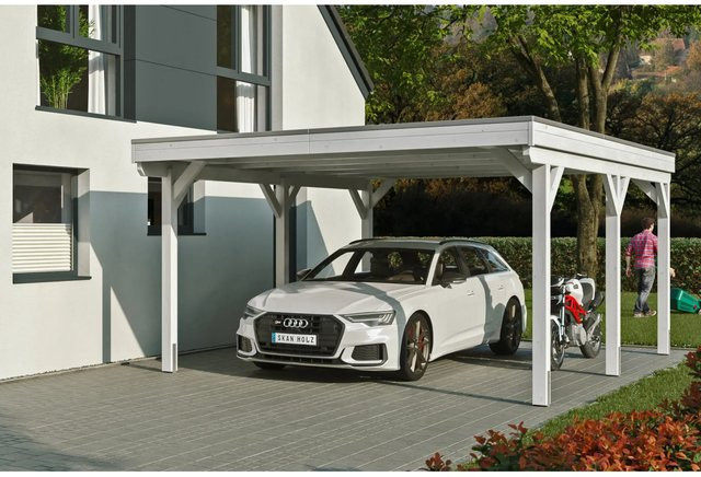 Skan Holz Carport Grunewald aus Fichten-Leimholz mit EPDM-Dach in Weiß, B: 427 cm, H: 251 cm - Bild 1