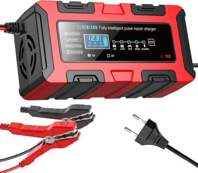 FOXSUR Intelligentes 10A Batterieladegerät für 12V/24V Lithium-Eisen, Blei-Säure und AGM Batterien in Rot - Bild 1