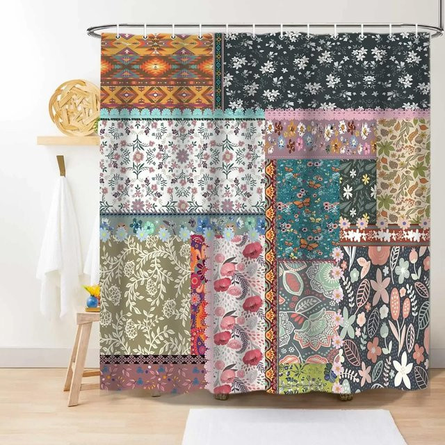 Wasserdichter Duschvorhang mit böhmischem Patchwork-Blumenmuster von Household supplies MH in Mehrfarbig, B/H: 180 x 180 cm - Bild 1