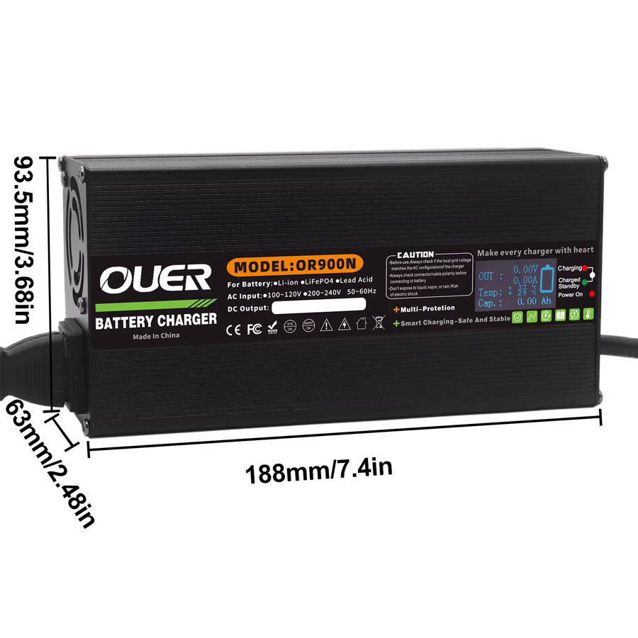 OUER Smart-Ladegerät für 24S 72 V 76,8 V LiFePO4-Akkus, 87,6 V 10A mit OLED-Display und Aluminiumgehäuse, Schwarz - Bild 2