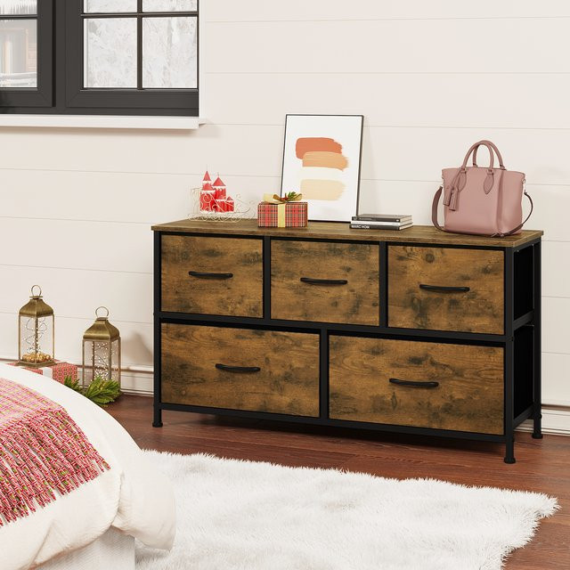 WOLTU TV-Schrank Sideboard in Braun im Industrial-Design mit 5 Schubladen aus Holz und Stoff für Wohnzimmer, Schlafzimmer oder Flur - Bild 1