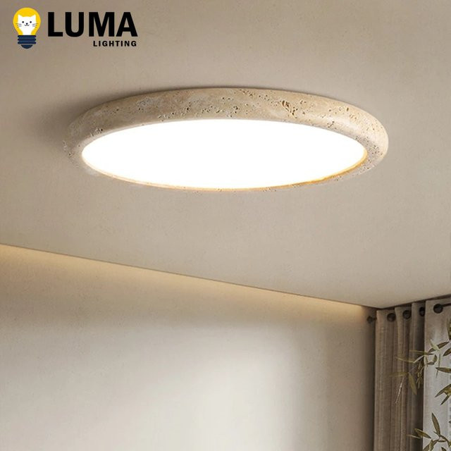 MOSA ZX Japanische Wabi Sabi Deckenleuchte aus gelbem Travertin, runde Deckenlampe aus Naturstein in Beige für Wohnzimmer, Schlafzimmer und Küche - Bild 1