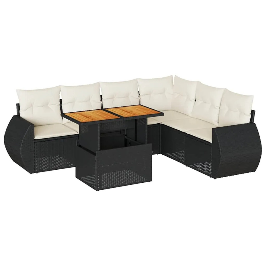 vidaXL 7-teilige Garten-Sofagarnitur in L-Form aus Polyrattan und Akazienholz mit Kissen in Schwarz und Cremeweiß - Bild 2