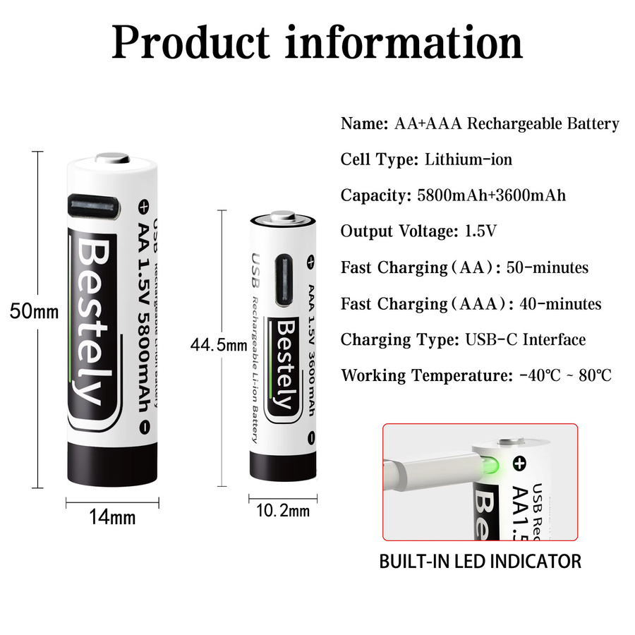 BaKKiter Lithium-Ionen-Akkus Set mit USB-C-Schnellladefunktion: AAA 3600mAh und AA 5800mAh - Bild 4
