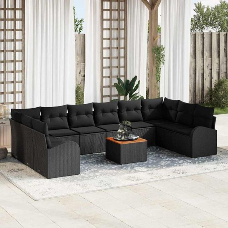 vidaXL Garten-Sofa-Set aus 11 Teilen in Schwarz, modernes Polyrattan-Loungemöbel-Set mit Akazienholz und Stahl - Bild 1