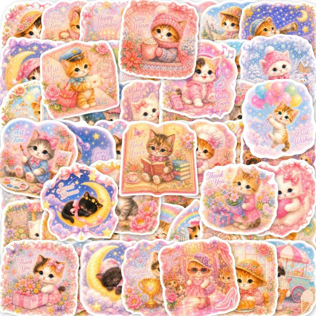 50-100 Stück Wasserfeste Katzen-Aufkleber in Kawaii-Design für Handy, Laptop und Scrapbook, Mehrfarbig - Bild 1