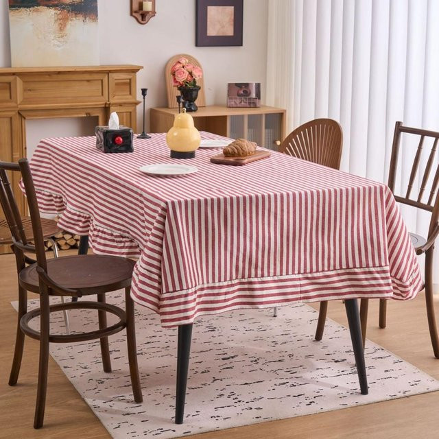 JMG Household Supplies Tischdecke aus Baumwoll-Leinen-Mischgewebe mit Streifen-Design und Rüschen in Rot, B/L: 140 x 180 cm - Bild 1