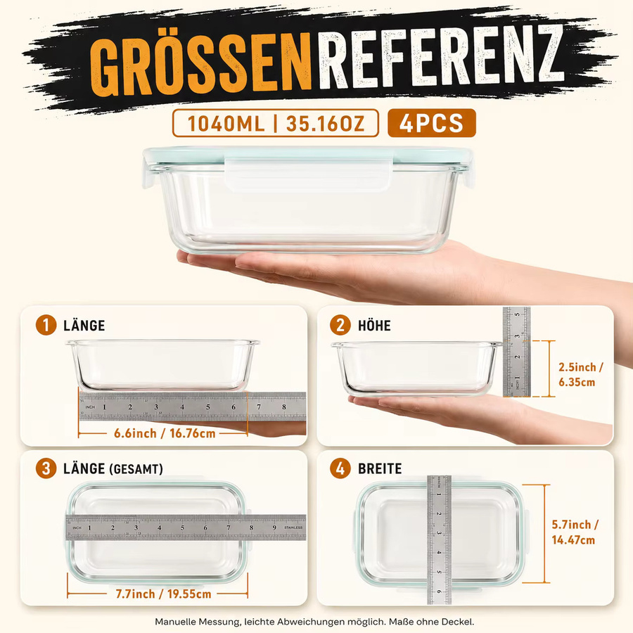 Saeiv 4-teiliges Glas-Aufbewahrungsbehälter-Set mit Deckeln, transparent, 1040 ml pro Behälter, mikrowellen-, gefrier- und spülmaschinenfest - Bild 3