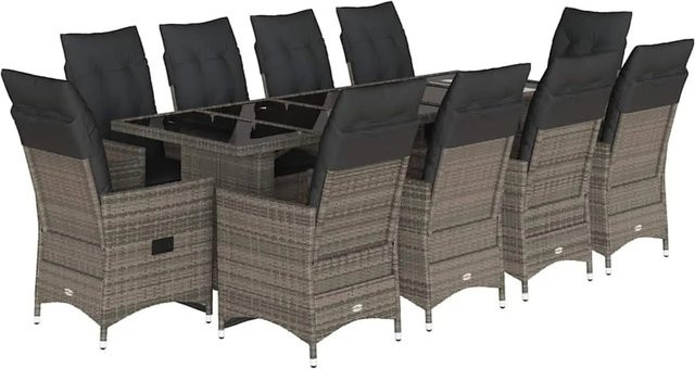 vidaXL 11-teiliges Garten-Bistro-Set aus Poly Rattan mit Kissen in Grau - Bild 1