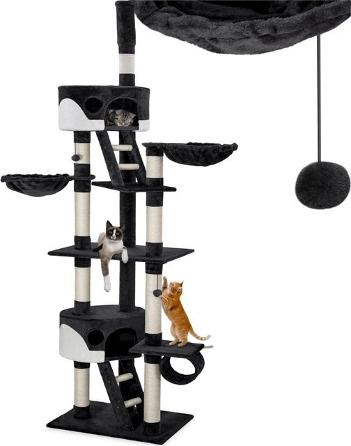 tectake Kratzbaum Hansi in Schwarz und Weiß mit 2 Katzenhäusern, 2 Treppen, Spielbällen und Deckenspanner, B/T/H: 60 x 45 x 260 cm - Bild 2