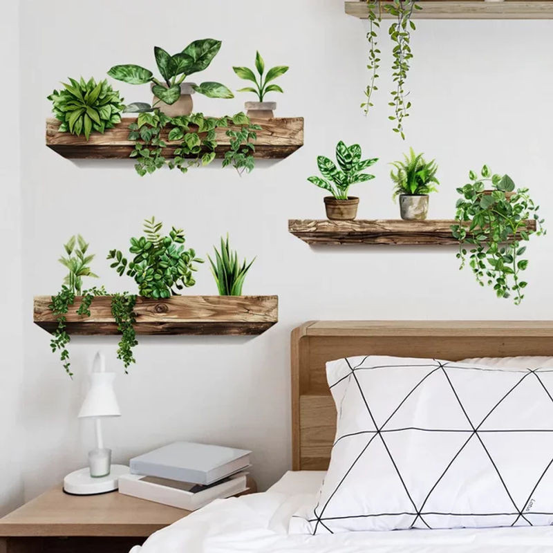 Selbstklebende Wandaufkleber für Topfpflanzen in Grün, abnehmbare DIY-Wandkunst im rustikalen Design - Bild 1