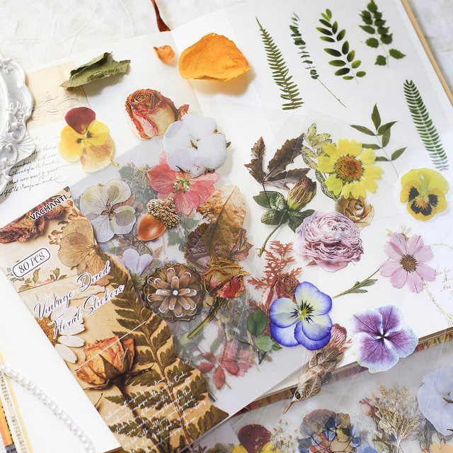 Journamm 80 Stück transparente PET-Blumen-Aufkleber mit nicht wiederholenden Mustern in Multicolour für Scrapbooking und Journaling - Bild 1