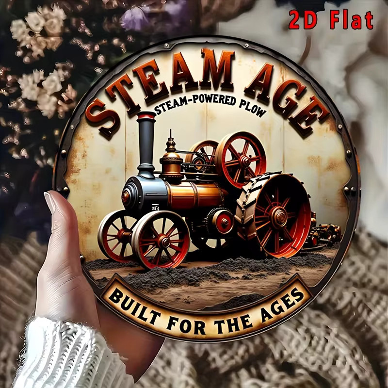 Potdemiel Vintage Steam Age Traktor Metallschild rund, rustikale Wandkunst aus Aluminium, Durchmesser: 19,81 cm, Mehrfarbig - Bild 4