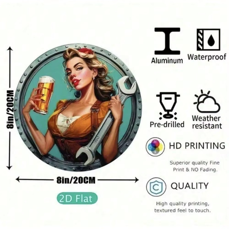 Vintage Metallschild Frau von CIFBUY – Runde Wanddekoration aus Aluminium im Retro-Design für Garage, Bar oder Pub, Durchmesser: 20 cm - Bild 2