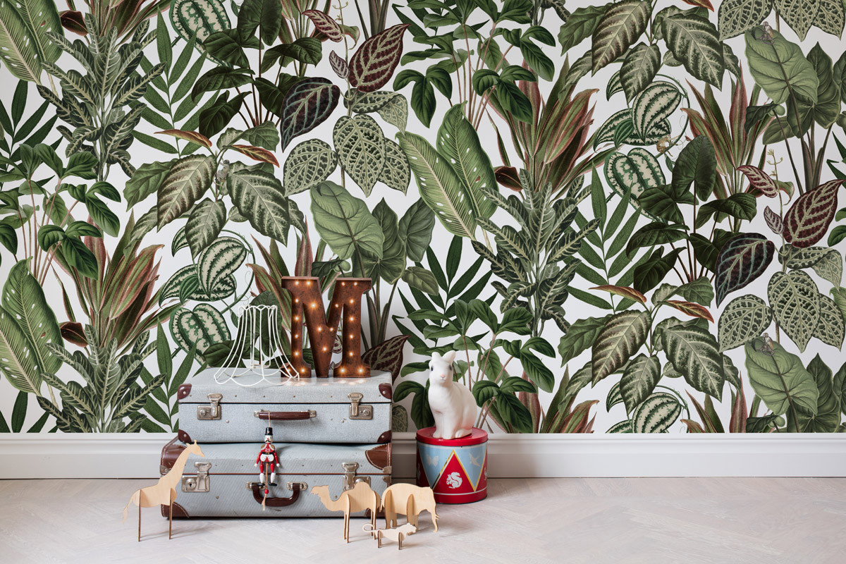 Rebel Walls Mural Mischievous Monkeys Wandtattoo für Kinder in Grün mit floralem Design - Bild 1