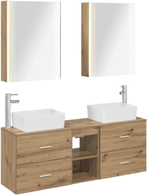vidaXL Badezimmermöbel-Set 5-teilig in Artisan-Eiche mit Glas und LED-Beleuchtung, Farbe Braun - Bild 1