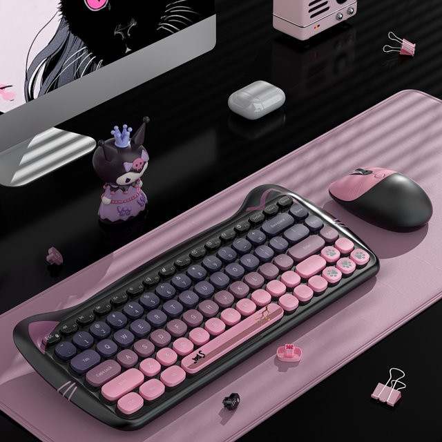GEEZER Kabellose Tastatur-Maus-Kombination mit Katzenohren im Retro-Design, Rosa-Schwarz, Runde Tastenkappen, US QWERTY-Layout, Bluetooth - Bild 1