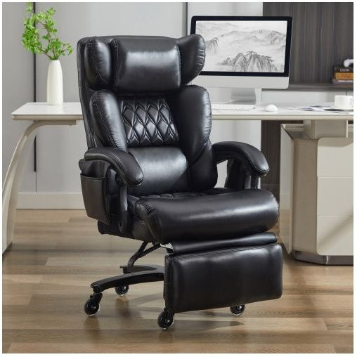 MUVOE Ergonomischer Bürostuhl in Schwarz mit Kopfstütze, Fußstütze und Armlehnen, 360 Grad drehbar, aus PU-Leder, belastbar bis 150 kg - Bild 1