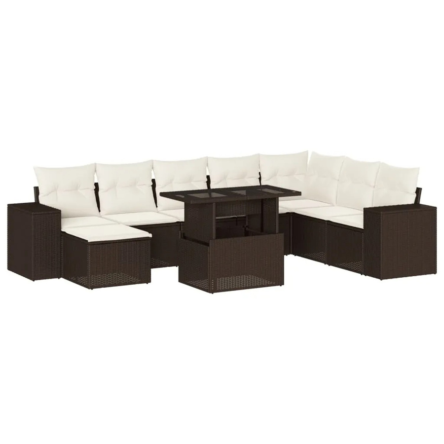 vidaXL 9-tlg. Garten-Sofagarnitur in L-Form aus braunem Poly-Rattan mit cremeweißen Kissen und pulverbeschichtetem Stahlgestell - Bild 2