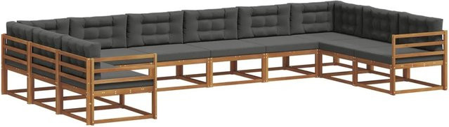 vidaXL Outdoor-Sofagarnitur aus massivem Akazienholz in U-Form, 10-teiliges Set in Natur und Anthrazit mit wetterfesten Kissen - Bild 1