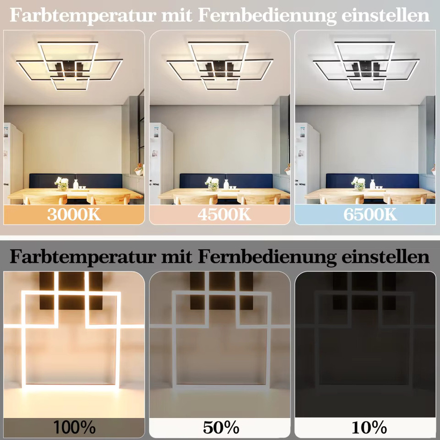 Moderne Schwarze LED Deckenleuchte von Nettlife, Dimmbar mit Fernbedienung, 48W, B/B: 72,4 x 72,4 cm - Bild 2