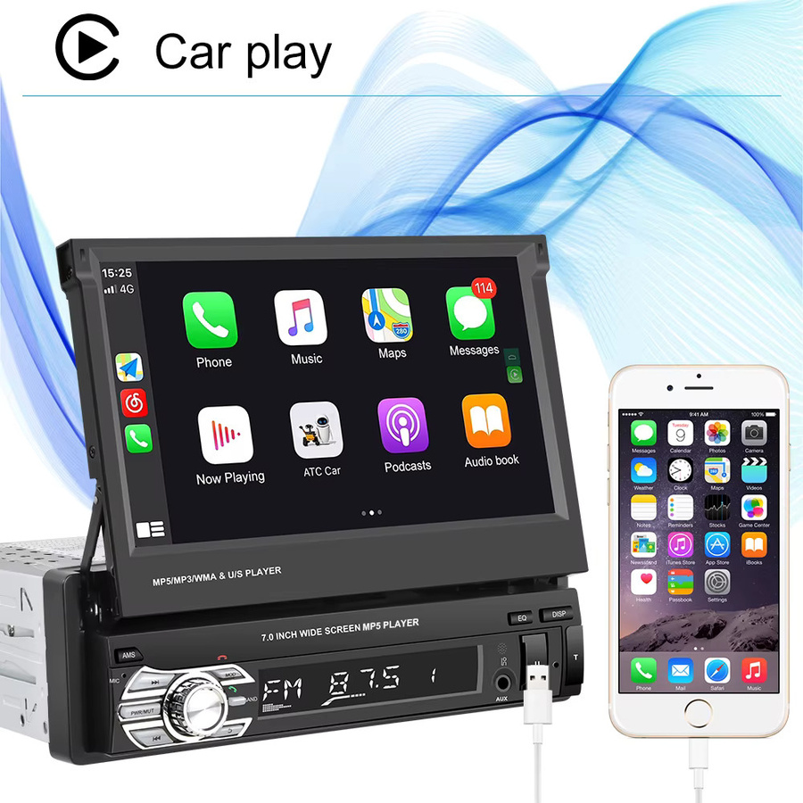 Podofo 1Din Autoradio mit 7 Zoll einziehbarem Bildschirm, Bluetooth, Carplay, Android Auto, MP5 Multimedia-Player und Mirror Link in Schwarz - Bild 3