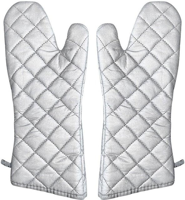 Ofenhandschuhe aus Baumwolle mit rutschfestem Silikon-Druck in Silber, 1 Paar extra lang für professionelle Koch-, Back- und Grillarbeiten - Bild 1