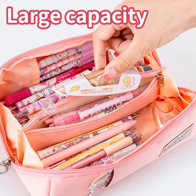 Großes Federmäppchen aus Textil mit Reißverschluss und Metall-Details in Pink für Schüler und Schreibwaren-Aufbewahrung - Bild 1
